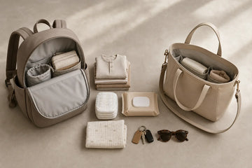 Open nappy backpack and handbag beside the same everyday outing essentials