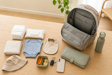 Open nappy bag beside nappies, wipes, spare clothes and everyday outing essentials