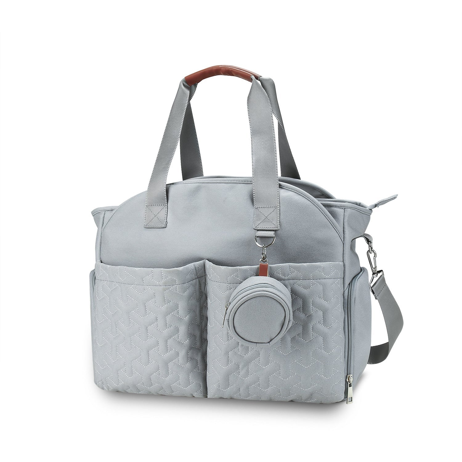 Angled view of baby nappy bag handbag showing overall shape and design
