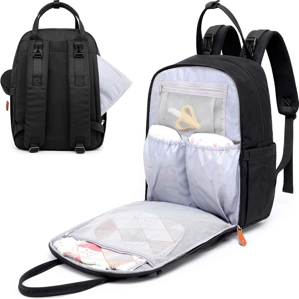 Back and front interior view of black nappy bag backpack with large nappy organiser section