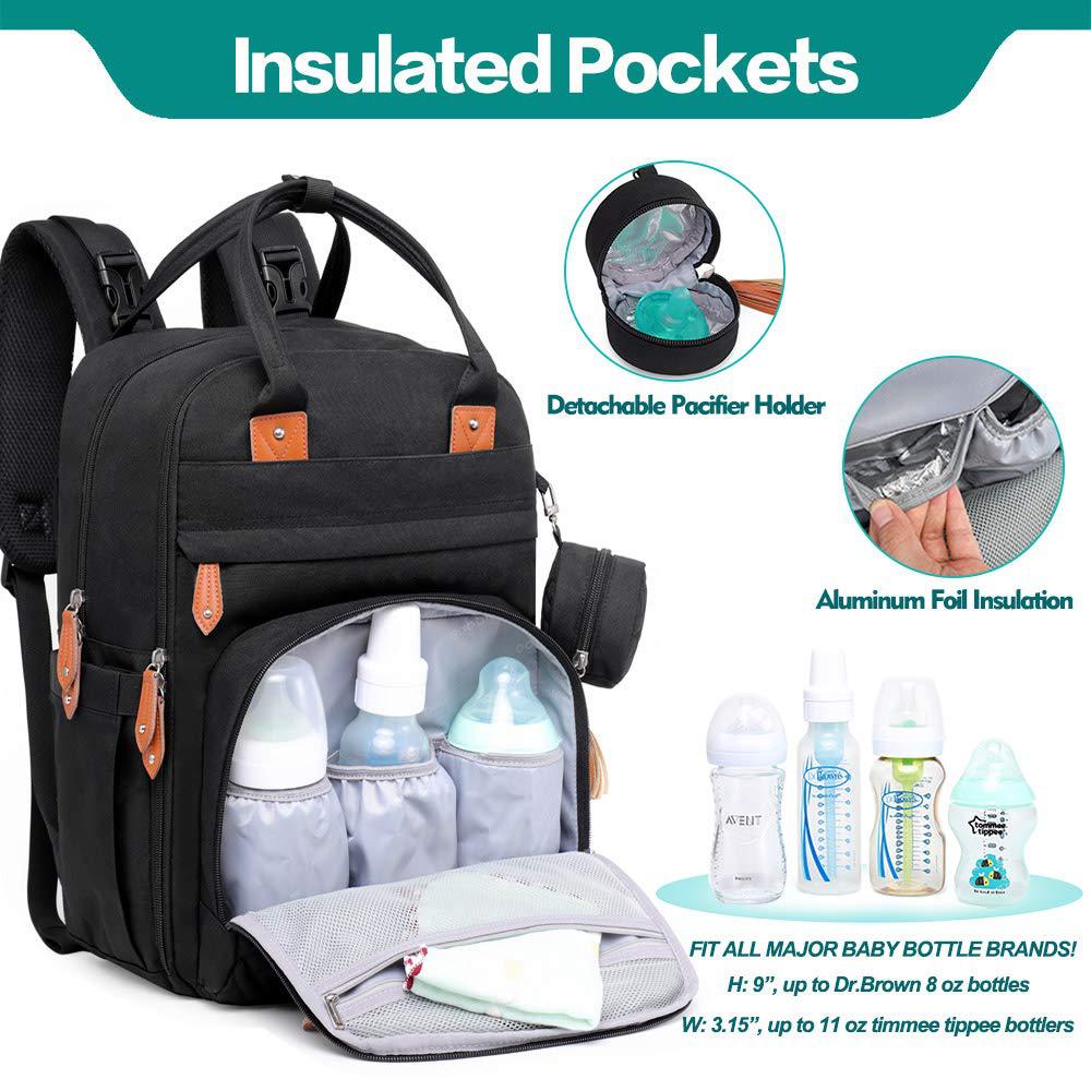 Black nappy bag backpack with front pocket open showing changing mat and organiser