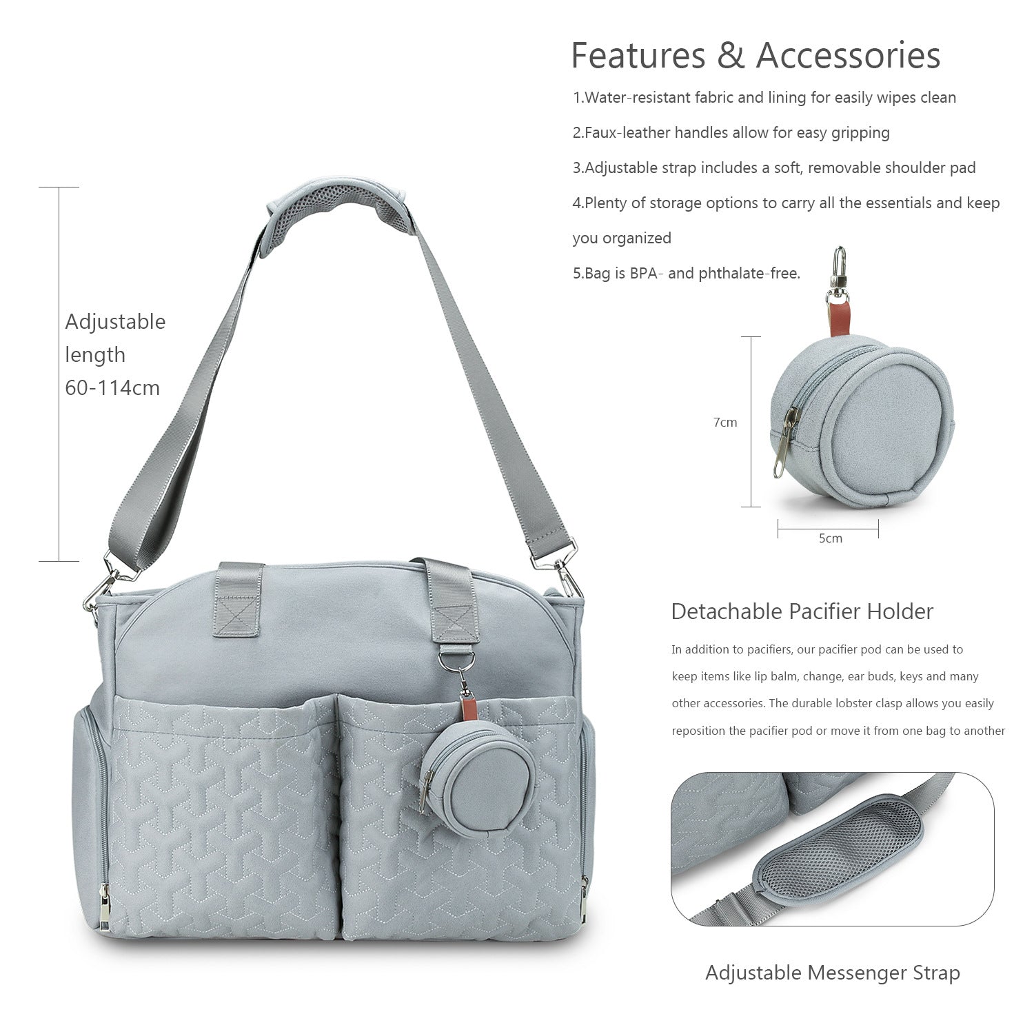 Flat lay of baby bag set with nappy bag, strap and pacifier case