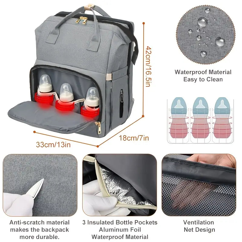 Grey nappy bag backpack worn, carried and clipped to pram