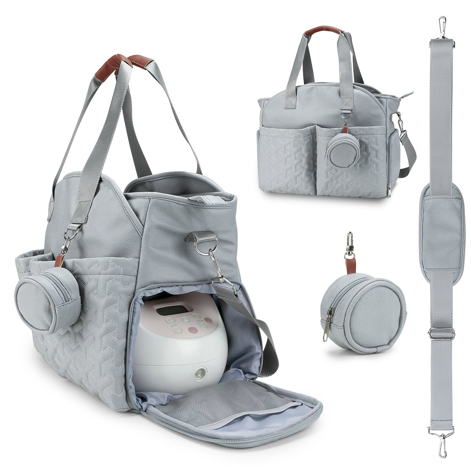Side view of nappy bag handbag with zip pocket for larger items