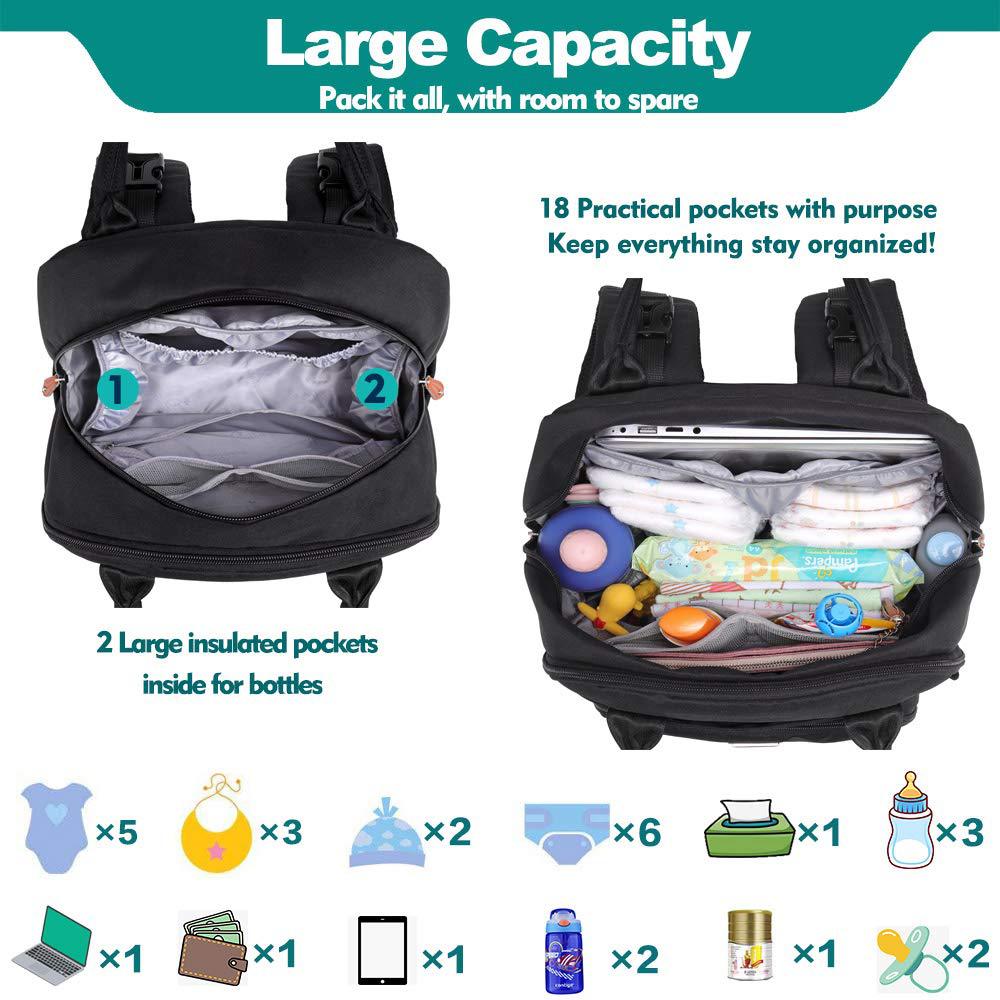 Top view of black nappy bag backpack packed with nappies, clothes, bottles and baby essentials