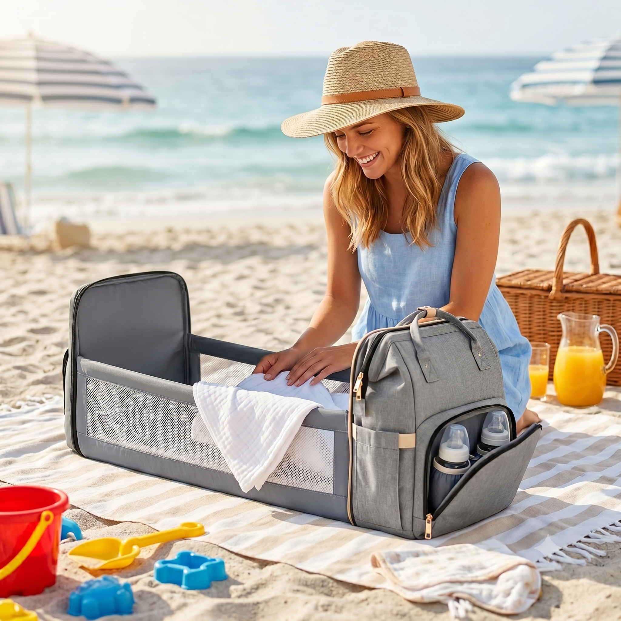 Woman at the beach unpacking a gray travel bag with a picnic setup in the background