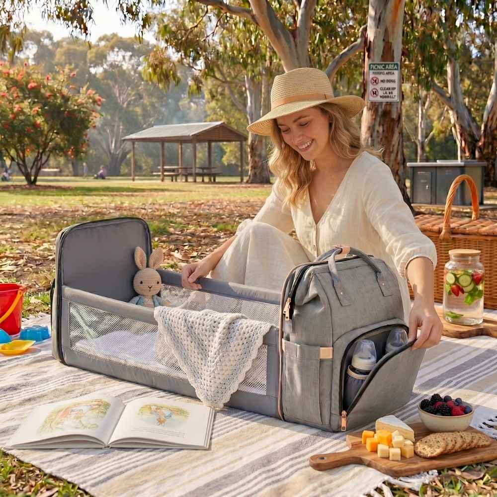 Woman setting up a picnic with a baby bassinet and backpack in a park