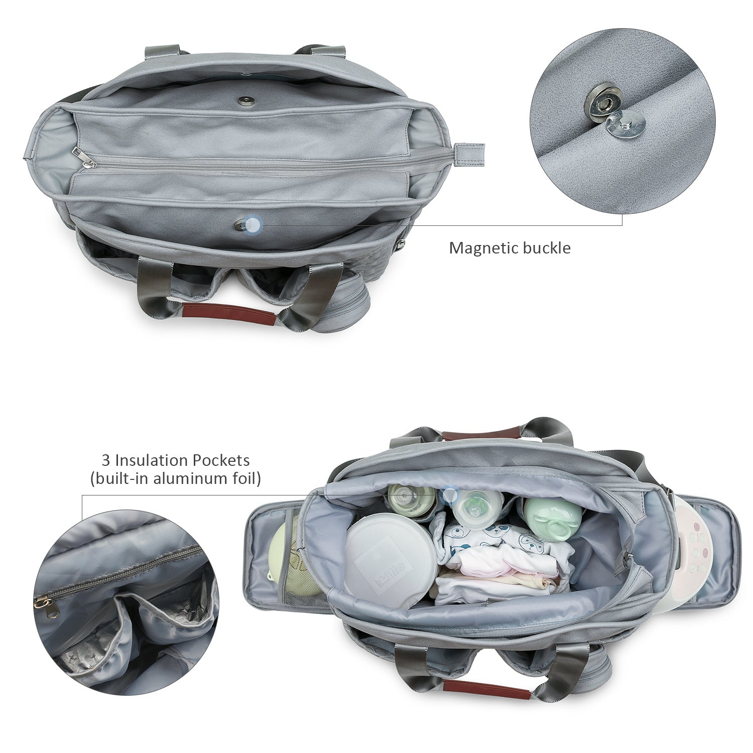 baby bag with insulation pockets and magnetic buckle on a white background